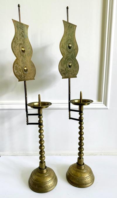 Pair of Antique Korean Brass Candlesticks with Reflector Shields