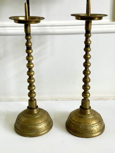 Pair of Antique Korean Brass Candlesticks with Reflector Shields