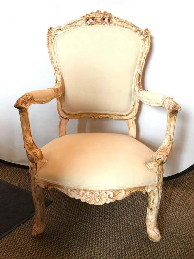 Pair of Antique Louis XV Style Armchairs in Painted Distressed Frames