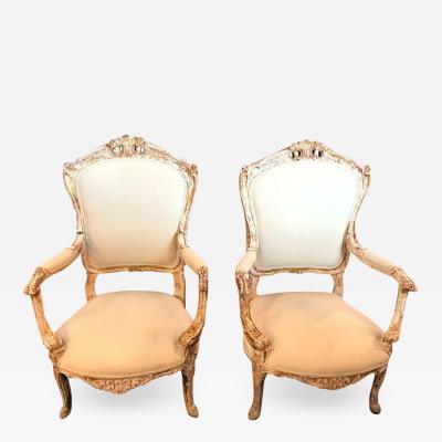 Pair of Antique Louis XV Style Armchairs in Painted Distressed Frames