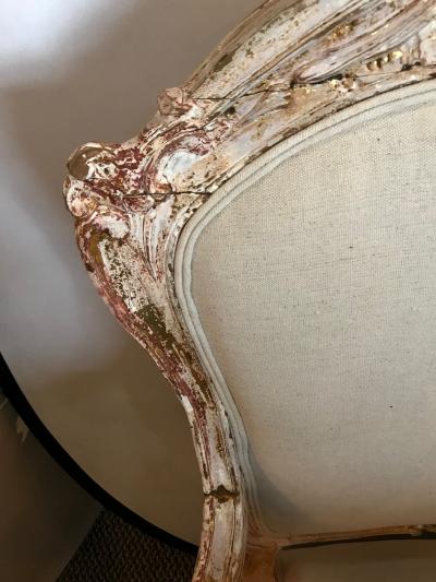 Pair of Antique Louis XV Style Armchairs in Painted Distressed Frames