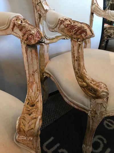 Pair of Antique Louis XV Style Armchairs in Painted Distressed Frames