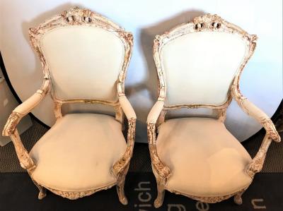 Pair of Antique Louis XV Style Armchairs in Painted Distressed Frames