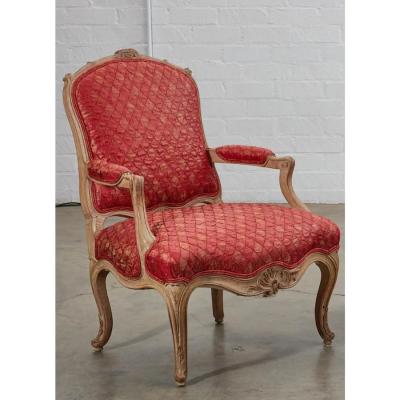 Pair of Antique Louis XV Style Pickled Oak Fauteuils