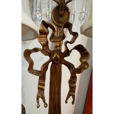 Pair of Antique Louis XVI Style Bronze Crystal Sconces