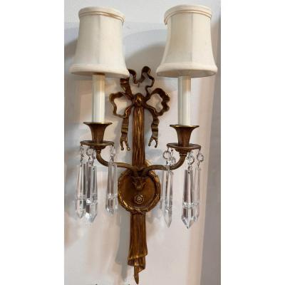 Pair of Antique Louis XVI Style Bronze Crystal Sconces