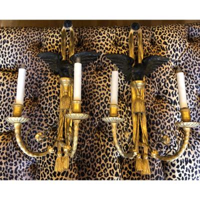 Pair of Antique Louis XVI Style Gilt Wood Wall Sconces W Eagles