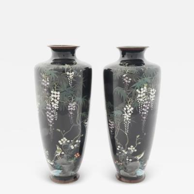 Pair of Antique Meiji Japanese Cloisonne Enamel Vases Blossoming Wisteria