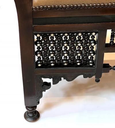 Pair of Antique Moorish Carved Hardwood and Inlaid Upholstered Benches