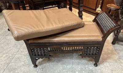 Pair of Antique Moorish Carved Hardwood and Inlaid Upholstered Benches