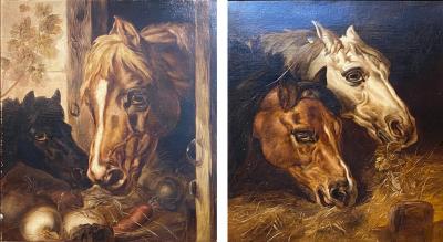 Pair of Antique Oil Canvas Paintings Depicting Horse and Mare Signed Framed