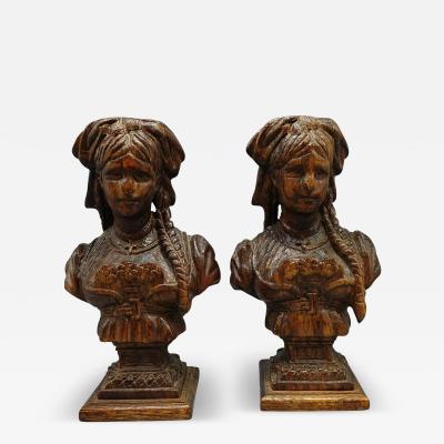 Pair of Antique Rustic European Hand Carved Wooden Busts Sculpture of Women