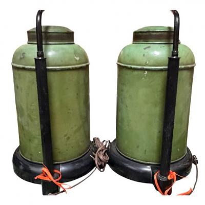 Pair of Antique Tole Tea Canister Table Lamps