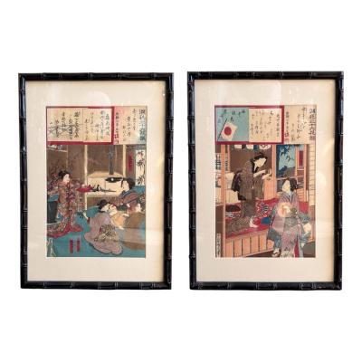 Pair of Antique Toyohara Kunichika Meiji Period Japanese Woodblock Prints