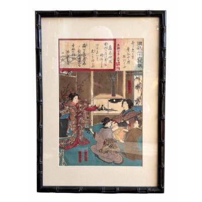 Pair of Antique Toyohara Kunichika Meiji Period Japanese Woodblock Prints