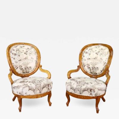 Pair of Antique Victorian Balloon Back Burl Walnut Parlor Chairs