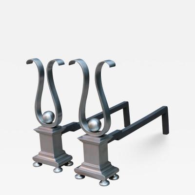 Pair of Architectural Andirons Patinated Metal