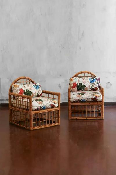 Pair of Armchairs With Arched Backrest And Woven Bamboo 1970s