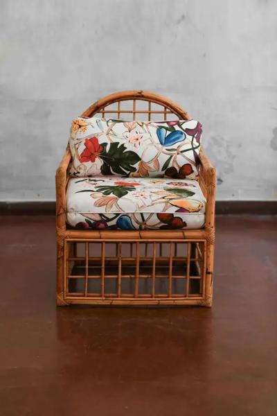 Pair of Armchairs With Arched Backrest And Woven Bamboo 1970s