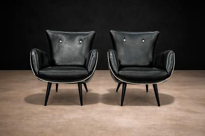 Pair of Armchairs in Faux Black Leather Unknown 1950s