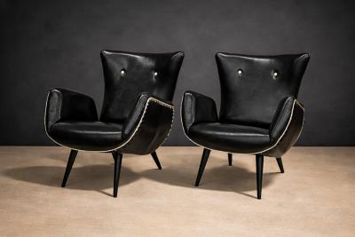 Pair of Armchairs in Faux Black Leather Unknown 1950s