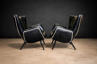 Pair of Armchairs in Faux Black Leather Unknown 1950s