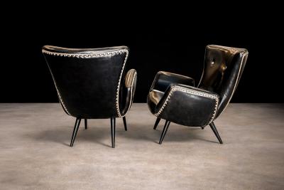 Pair of Armchairs in Faux Black Leather Unknown 1950s
