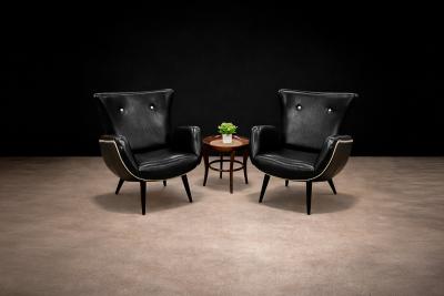 Pair of Armchairs in Faux Black Leather Unknown 1950s