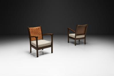 Pair of Armchairs with Braided Leather Backs Europe Mid 20th Century