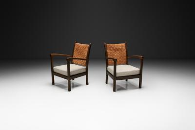 Pair of Armchairs with Braided Leather Backs Europe Mid 20th Century