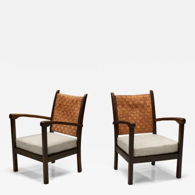 Pair of Armchairs with Braided Leather Backs Europe Mid 20th Century