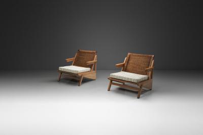 Pair of Armchairs with Loose Seat Striped Cushions Europe 20th Century