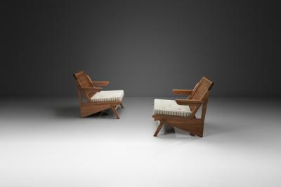 Pair of Armchairs with Loose Seat Striped Cushions Europe 20th Century