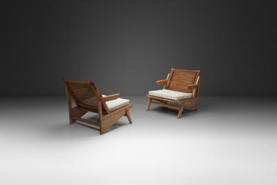 Pair of Armchairs with Loose Seat Striped Cushions Europe 20th Century