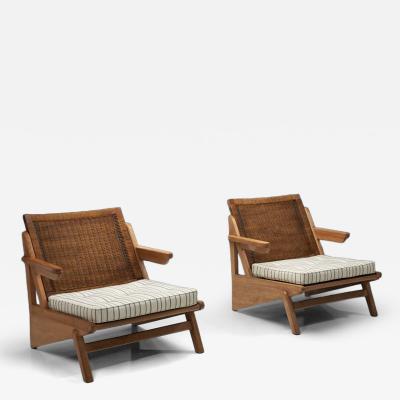 Pair of Armchairs with Loose Seat Striped Cushions Europe 20th Century