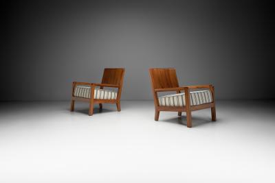 Pair of Armchairs with Wooden Frames and Striped Upholstered Seats Europe 1930s
