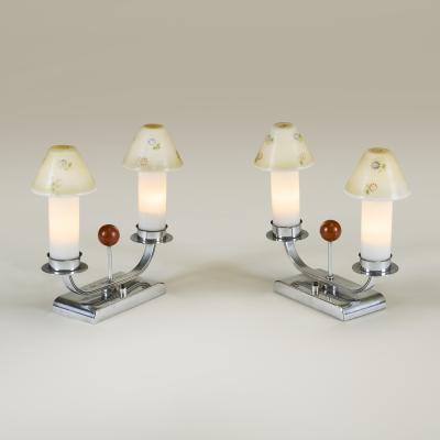 Pair of Art Deco 1940s chrome table lights with floral glass shades