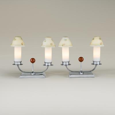 Pair of Art Deco 1940s chrome table lights with floral glass shades