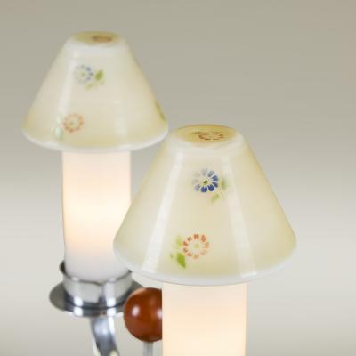 Pair of Art Deco 1940s chrome table lights with floral glass shades