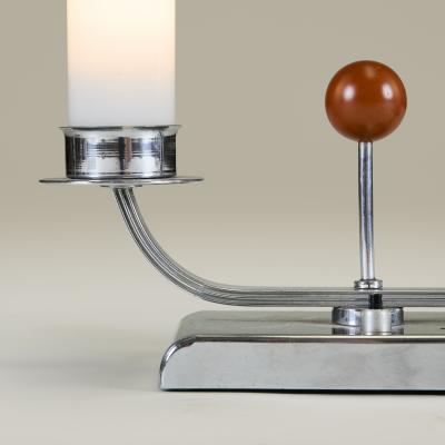 Pair of Art Deco 1940s chrome table lights with floral glass shades