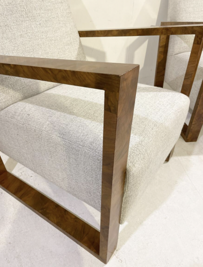 Pair of Art Deco Armchairs Fabric and Walnut New Upholstery