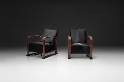 Pair of Art Deco Armchairs in Black Pony Hide Europe First Half of the 20th C