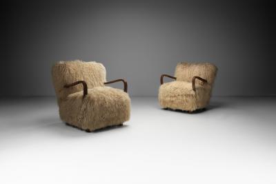 Pair of Art Deco Armchairs in Mongolian Longhair Sheepskin Europe ca 1930s