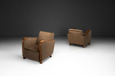 Pair of Art Deco Armchairs with Brown Upholstery Europe ca 1930s