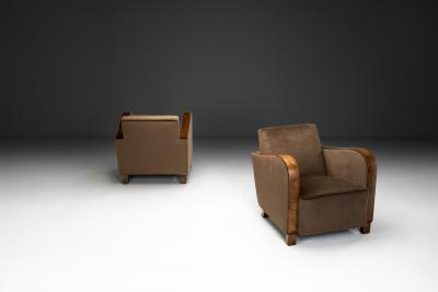 Pair of Art Deco Armchairs with Brown Upholstery Europe ca 1930s