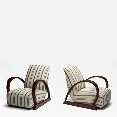 Pair of Art Deco Armchairs with Curved Arms and Striped Upholstery Europe 1930s