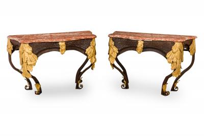 Pair of Art Deco Basket Woven Wrought and Gilt Tole Blush Marble Top Console Tab