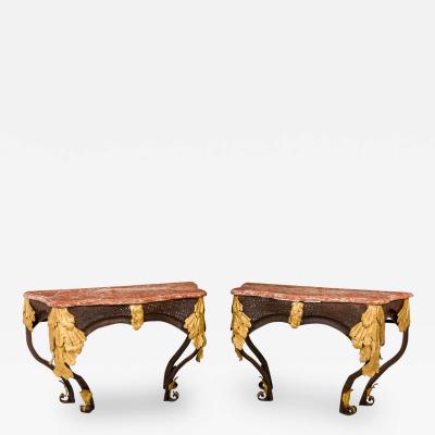 Pair of Art Deco Basket Woven Wrought and Gilt Tole Blush Marble Top Console Tab