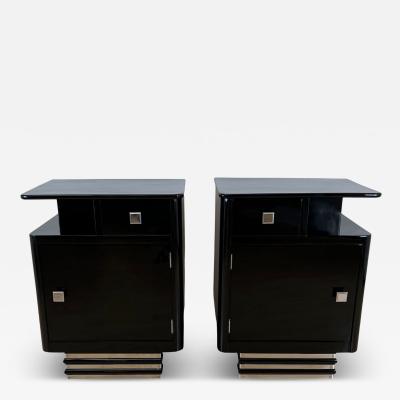 Pair of Art Deco Bedside Cabinets Black Lacquer Chrome France circa 1930