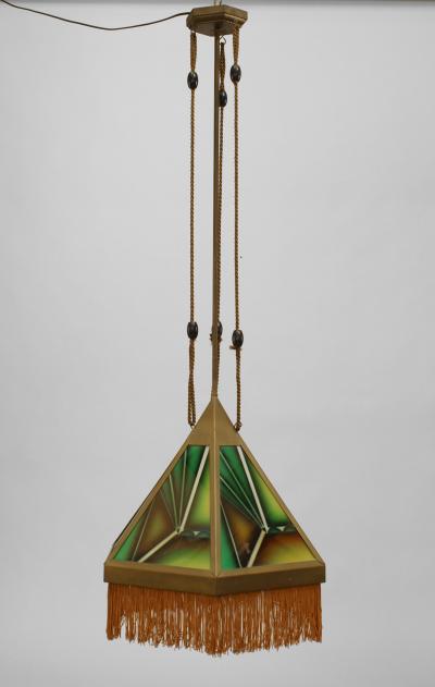 Pair of Art Deco Belgium Brass 6 Sided Hanging Lanterns